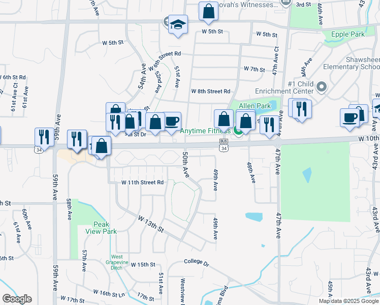 map of restaurants, bars, coffee shops, grocery stores, and more near 5089 10th Street Road in Greeley