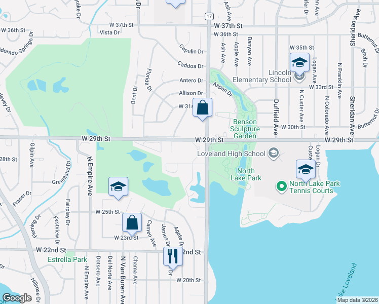 map of restaurants, bars, coffee shops, grocery stores, and more near 1510 West 28th Street in Loveland