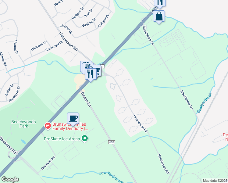 map of restaurants, bars, coffee shops, grocery stores, and more near 42 Tanglewood Court in South Brunswick Township