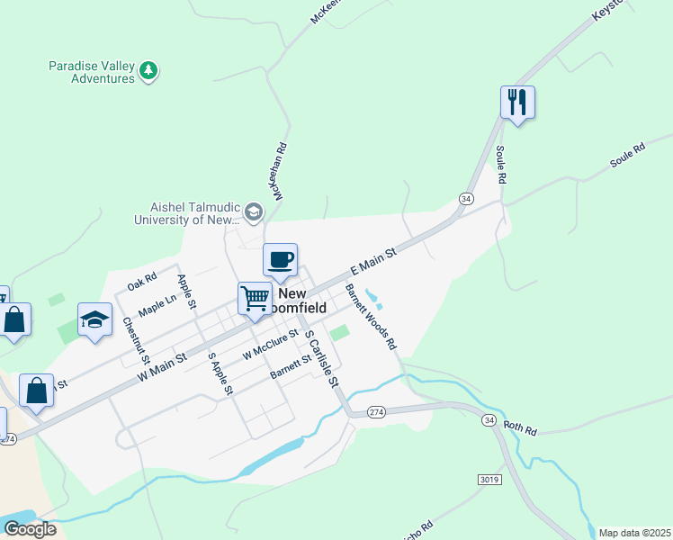 map of restaurants, bars, coffee shops, grocery stores, and more near 40 East Main Street in New Bloomfield