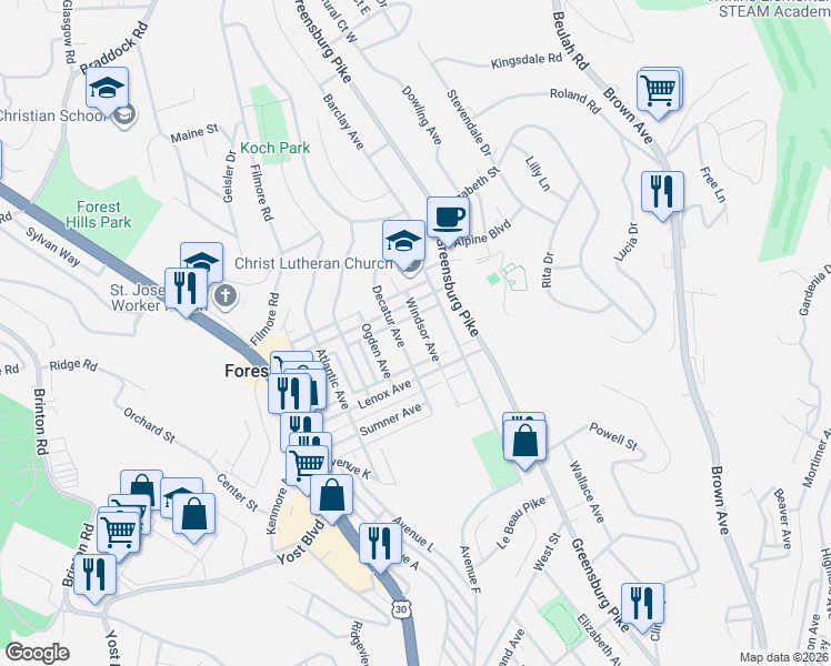 map of restaurants, bars, coffee shops, grocery stores, and more near 521 Decatur Avenue in Pittsburgh