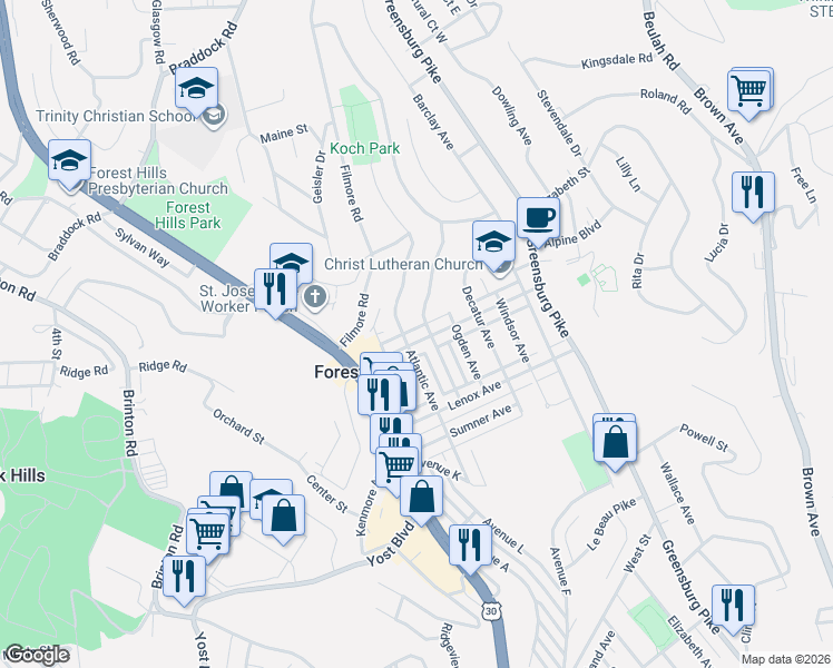 map of restaurants, bars, coffee shops, grocery stores, and more near 200 Marion Avenue in Pittsburgh