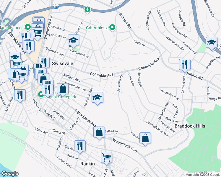 map of restaurants, bars, coffee shops, grocery stores, and more near 7698 Evans Street in Pittsburgh