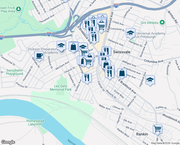 map of restaurants, bars, coffee shops, grocery stores, and more near 7421 Washington Avenue in Pittsburgh