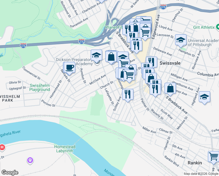 map of restaurants, bars, coffee shops, grocery stores, and more near 1926 Monroe Street in Pittsburgh