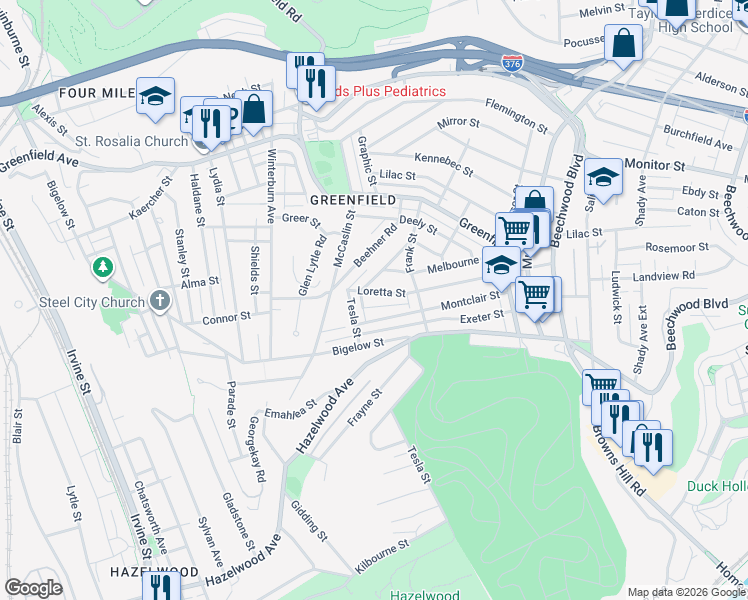 map of restaurants, bars, coffee shops, grocery stores, and more near 629 Montclair Street in Pittsburgh