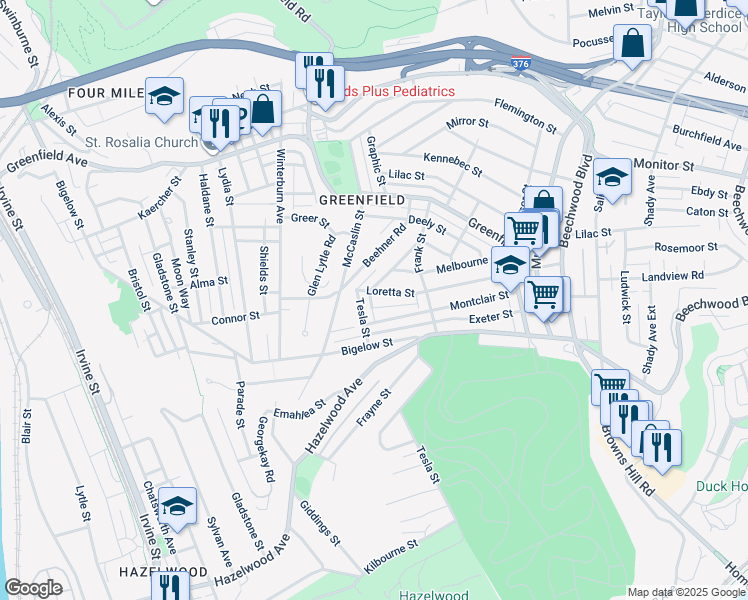 map of restaurants, bars, coffee shops, grocery stores, and more near 4322 Tesla Street in Pittsburgh