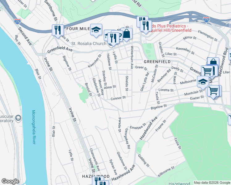 map of restaurants, bars, coffee shops, grocery stores, and more near 4334 Haldane Street in Pittsburgh