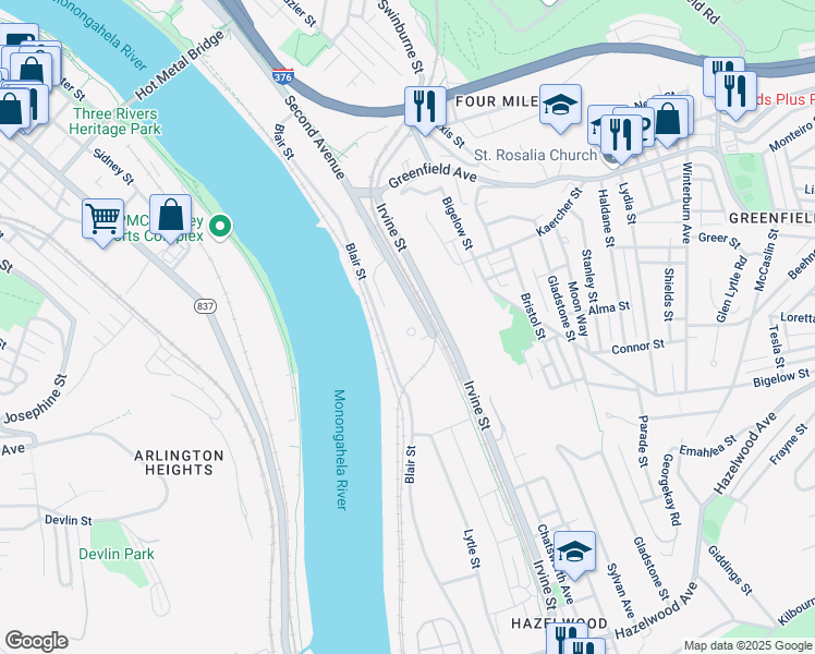 map of restaurants, bars, coffee shops, grocery stores, and more near 4165 Blair Street in Pittsburgh