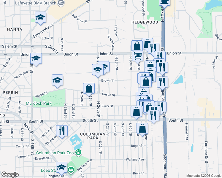 map of restaurants, bars, coffee shops, grocery stores, and more near 500 North 27th Street in Lafayette