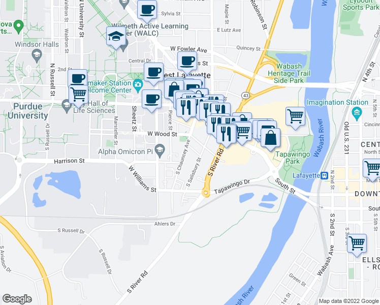 map of restaurants, bars, coffee shops, grocery stores, and more near 227 South Salisbury Street in West Lafayette