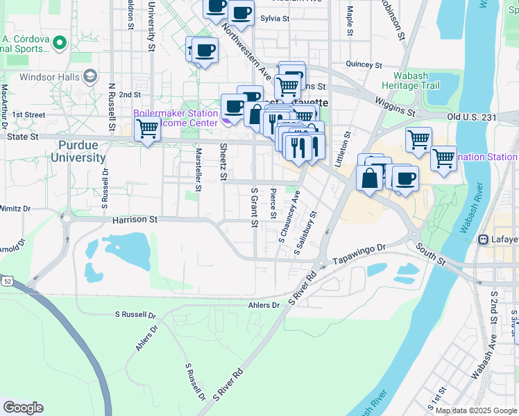 map of restaurants, bars, coffee shops, grocery stores, and more near 242 South Grant Street in West Lafayette