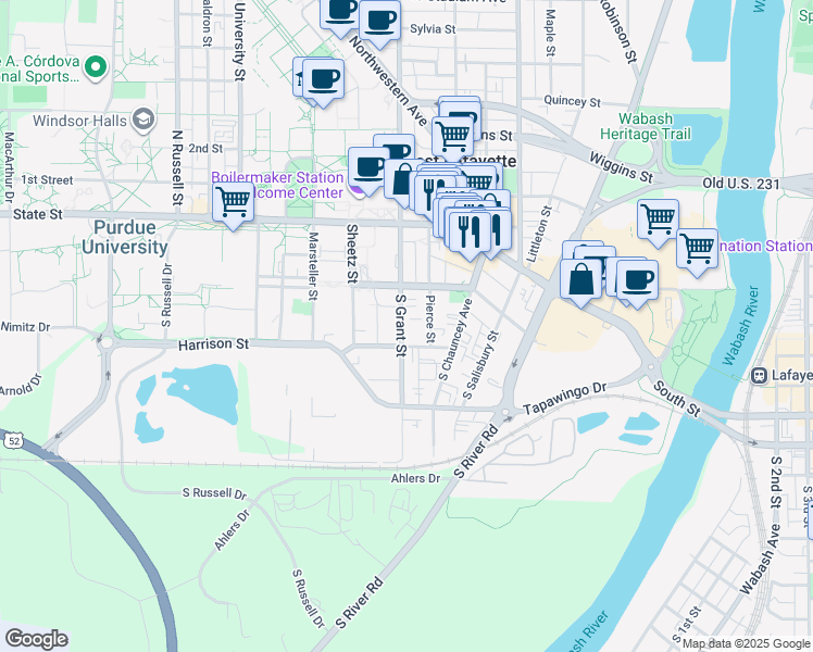 map of restaurants, bars, coffee shops, grocery stores, and more near 242 South Grant Street in West Lafayette