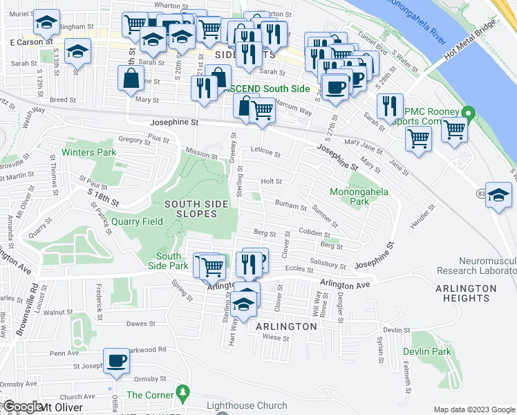 map of restaurants, bars, coffee shops, grocery stores, and more near 2334 Wellington Street in Pittsburgh