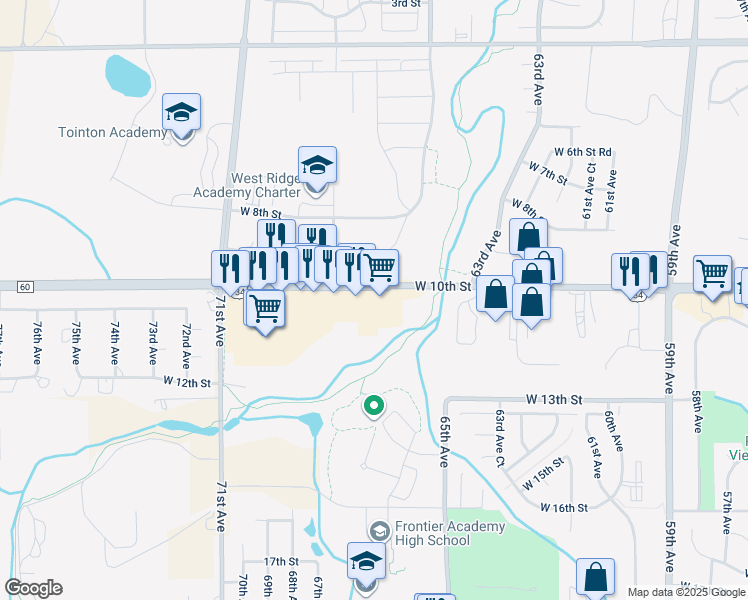 map of restaurants, bars, coffee shops, grocery stores, and more near 6624 West 10th Street in Greeley
