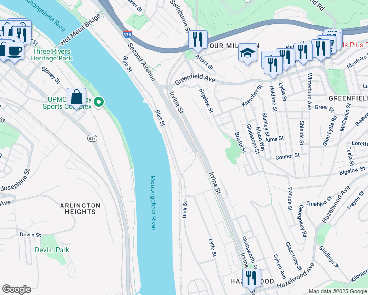 map of restaurants, bars, coffee shops, grocery stores, and more near 4170 Second Avenue in Pittsburgh