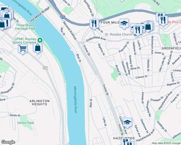 map of restaurants, bars, coffee shops, grocery stores, and more near 4170 Second Avenue in Pittsburgh