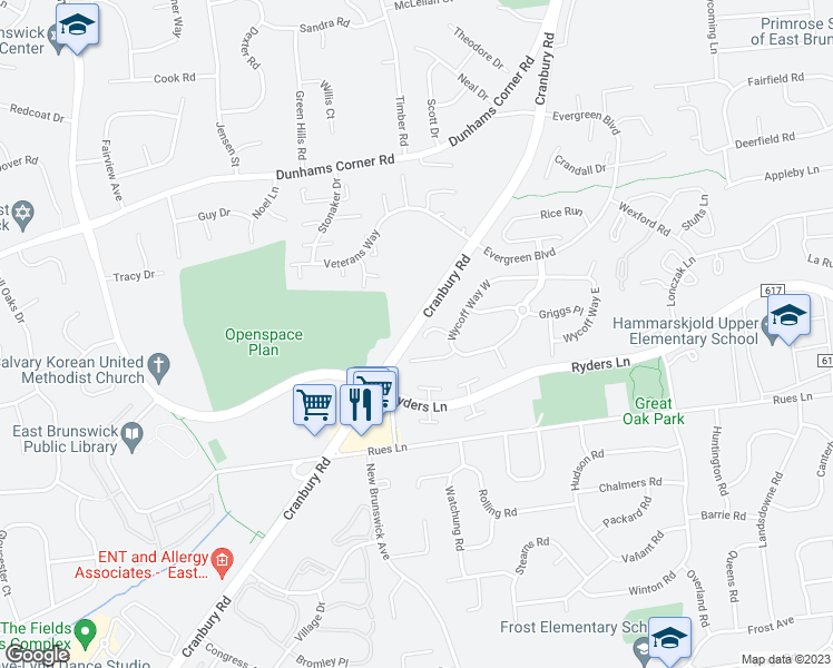 map of restaurants, bars, coffee shops, grocery stores, and more near 505 Cranbury Road in East Brunswick