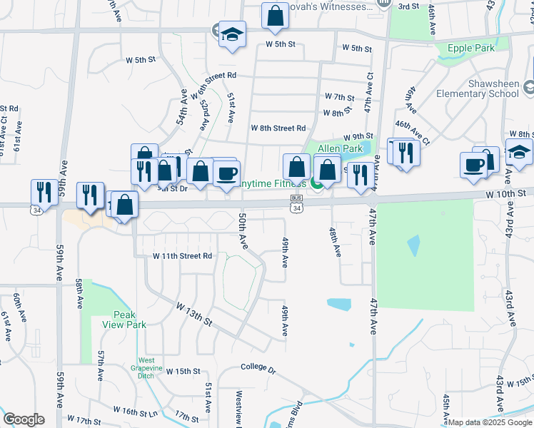 map of restaurants, bars, coffee shops, grocery stores, and more near 1013 49th Avenue Court in Greeley