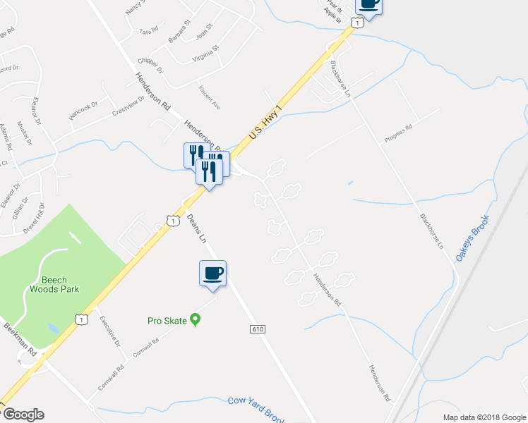 map of restaurants, bars, coffee shops, grocery stores, and more near 47 Tanglewood Court in South Brunswick Township