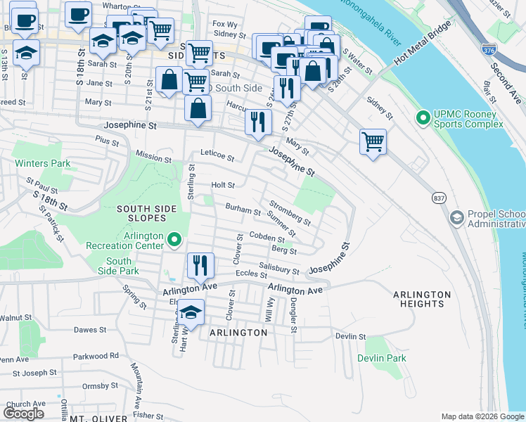 map of restaurants, bars, coffee shops, grocery stores, and more near 2713 Niles Street in Pittsburgh