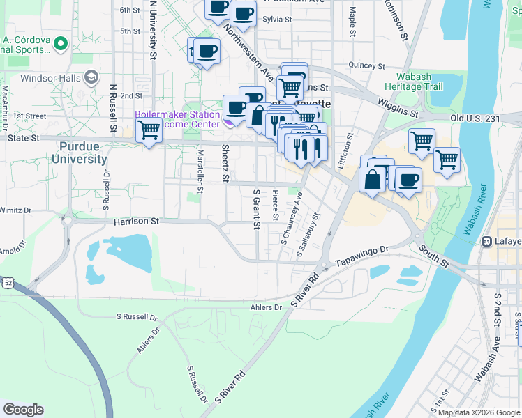 map of restaurants, bars, coffee shops, grocery stores, and more near 242 South Grant Street in West Lafayette