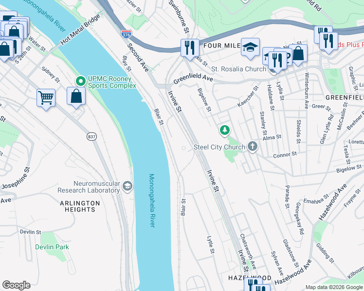 map of restaurants, bars, coffee shops, grocery stores, and more near 4170 Second Avenue in Pittsburgh