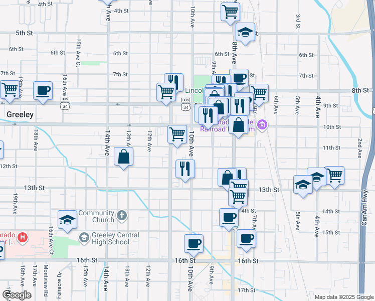 map of restaurants, bars, coffee shops, grocery stores, and more near 1122 11th Avenue in Greeley