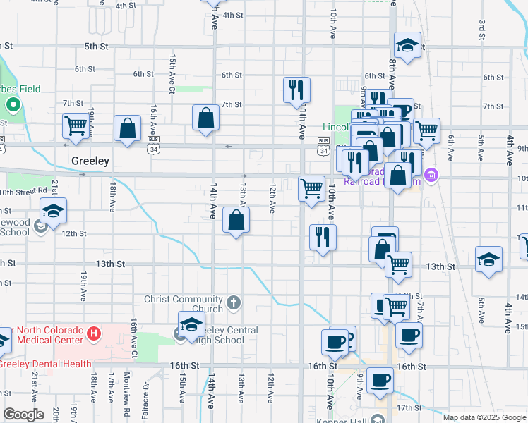 map of restaurants, bars, coffee shops, grocery stores, and more near 1206 11th Street in Greeley