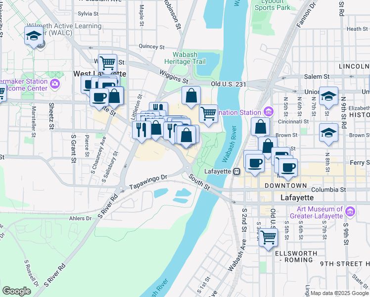 map of restaurants, bars, coffee shops, grocery stores, and more near 305 East State Street in West Lafayette