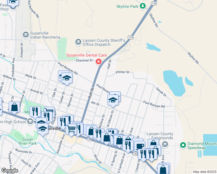 map of restaurants, bars, coffee shops, grocery stores, and more near 635 Hall Street in Susanville