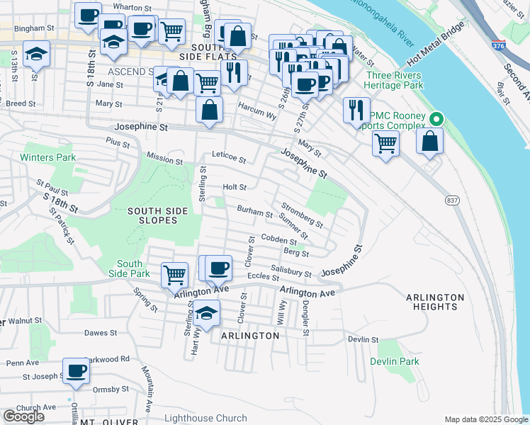 map of restaurants, bars, coffee shops, grocery stores, and more near 2619 Burham Street in Pittsburgh