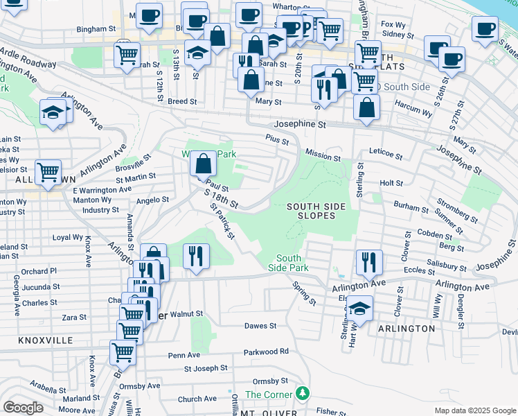 map of restaurants, bars, coffee shops, grocery stores, and more near 2025 South 18th Street in Pittsburgh