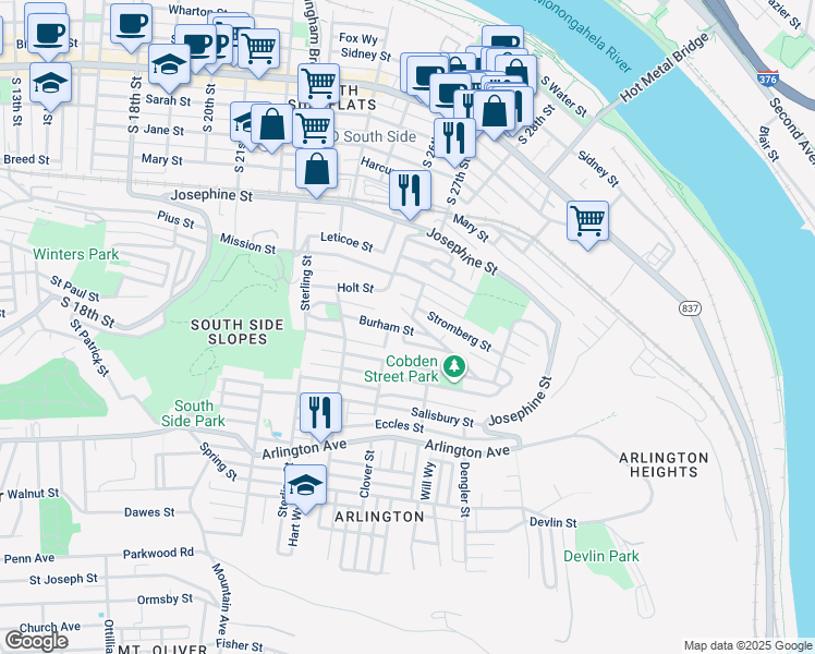 map of restaurants, bars, coffee shops, grocery stores, and more near 2713 Niles Street in Pittsburgh