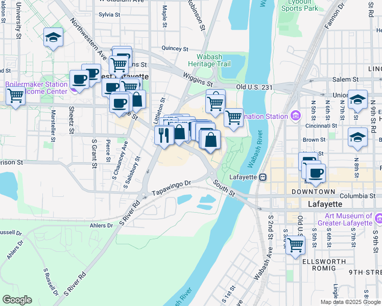 map of restaurants, bars, coffee shops, grocery stores, and more near 265 E State St in West Lafayette