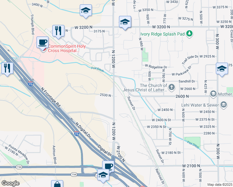 map of restaurants, bars, coffee shops, grocery stores, and more near 2600 North 1200 West in Lehi
