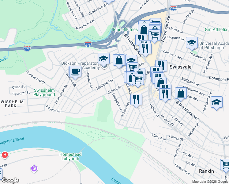 map of restaurants, bars, coffee shops, grocery stores, and more near 1926 Monroe Street in Pittsburgh