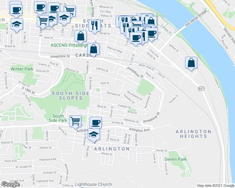 map of restaurants, bars, coffee shops, grocery stores, and more near 2713 Niles Street in Pittsburgh