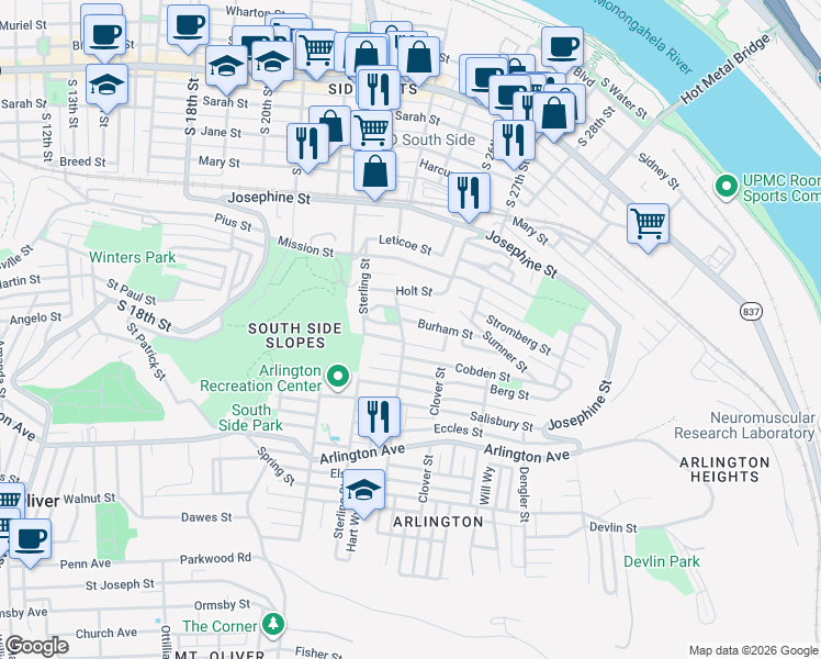 map of restaurants, bars, coffee shops, grocery stores, and more near 2334 Wellington Street in Pittsburgh