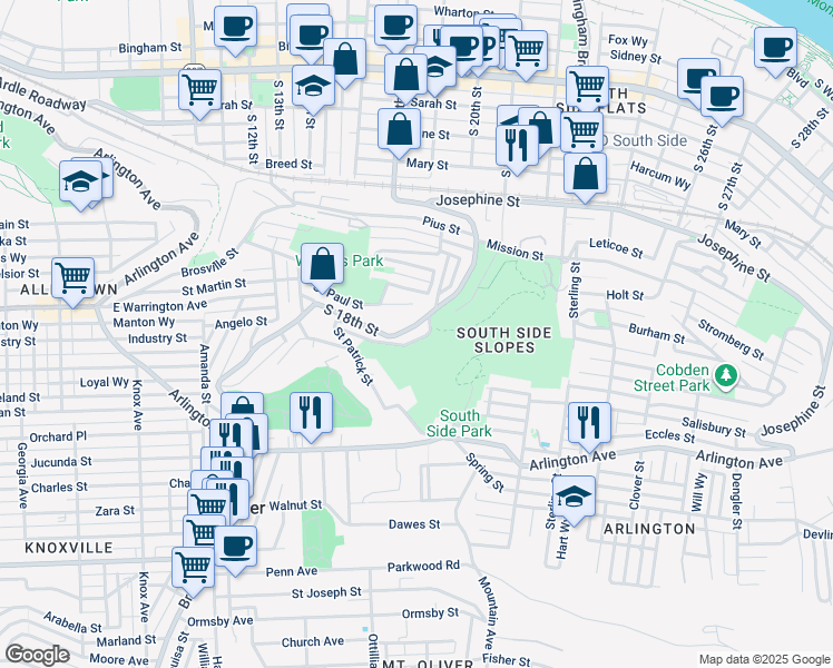 map of restaurants, bars, coffee shops, grocery stores, and more near 2025 South 18th Street in Pittsburgh