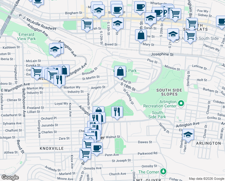 map of restaurants, bars, coffee shops, grocery stores, and more near 2605 Quarry Street in Pittsburgh