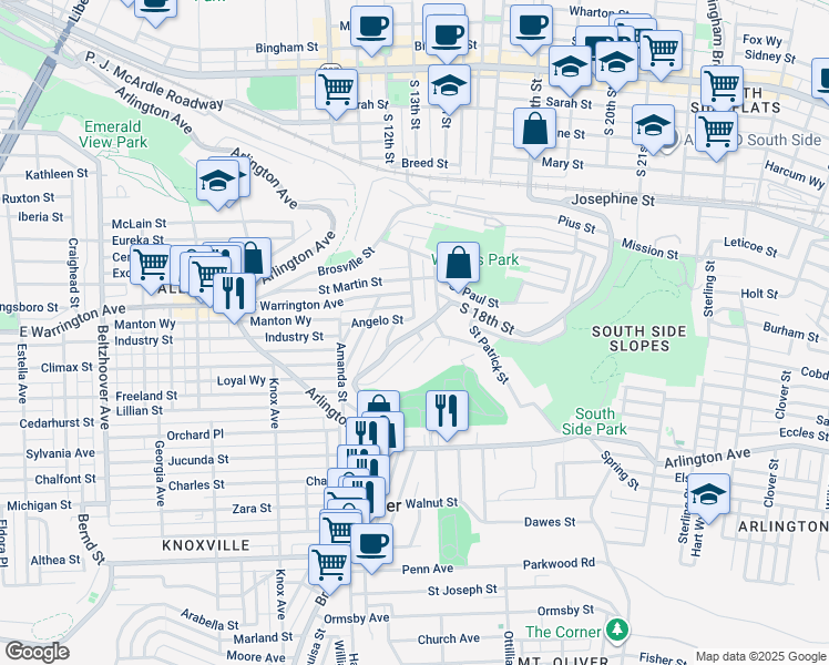 map of restaurants, bars, coffee shops, grocery stores, and more near 2629 South 18th Street in Pittsburgh