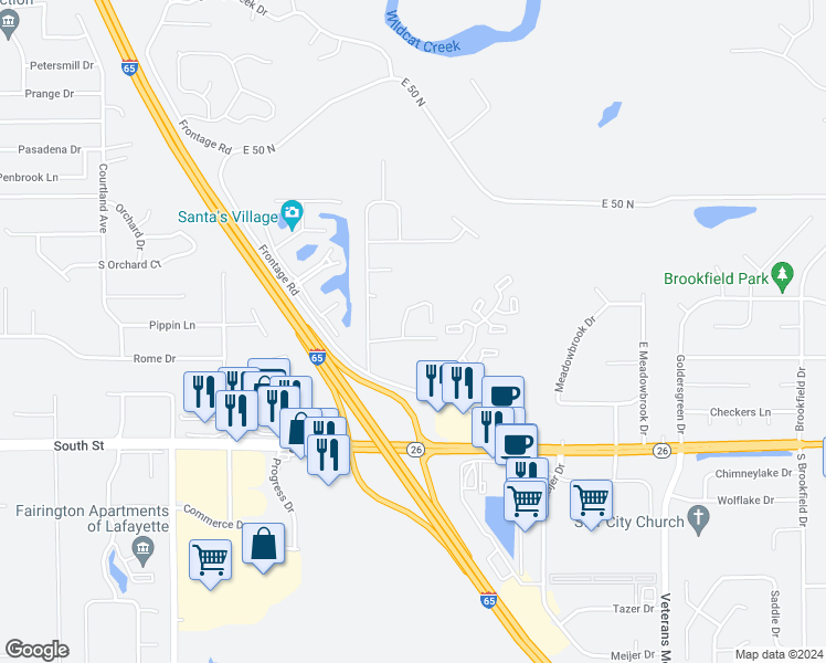 map of restaurants, bars, coffee shops, grocery stores, and more near 163 Frontage Road in Lafayette