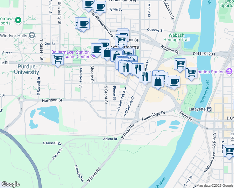 map of restaurants, bars, coffee shops, grocery stores, and more near 249 South Chauncey Avenue in West Lafayette