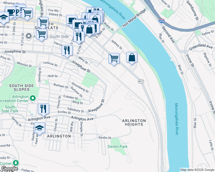 map of restaurants, bars, coffee shops, grocery stores, and more near 3218 Edwards Way in Pittsburgh
