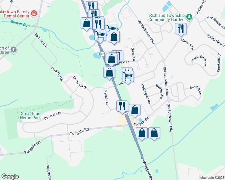 map of restaurants, bars, coffee shops, grocery stores, and more near 920 South West End Boulevard in Quakertown