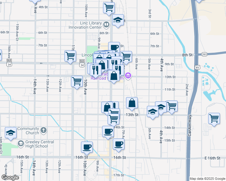 map of restaurants, bars, coffee shops, grocery stores, and more near in Greeley