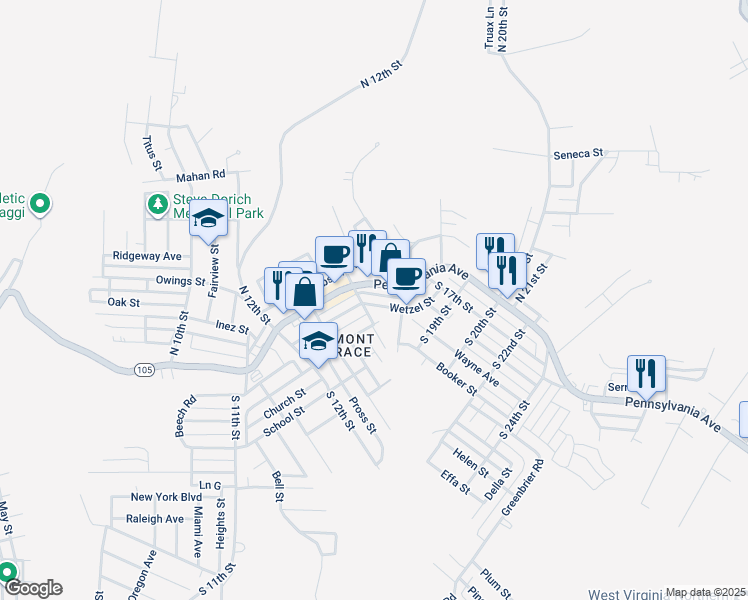 map of restaurants, bars, coffee shops, grocery stores, and more near 220 Wetzel St in Weirton