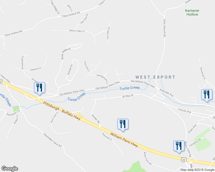 map of restaurants, bars, coffee shops, grocery stores, and more near 104 Georgetown Lane in Murrysville
