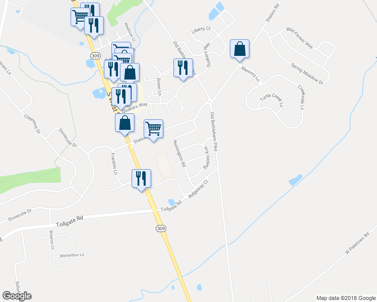 map of restaurants, bars, coffee shops, grocery stores, and more near 1181 Berkley Avenue in Quakertown